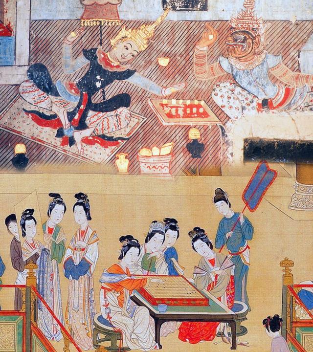 上图：悉达多太子与恶魔下棋。下图：明代北京故宫，一群宫女在下围棋。